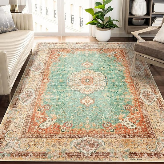 5x7 Area Rugs Washable,Boho Rug for Living Room Bedroom Kitchen,Large Vintage Bohemian Distressed Farmhouse Carpet Non Slip,Retro Orange Green Floral