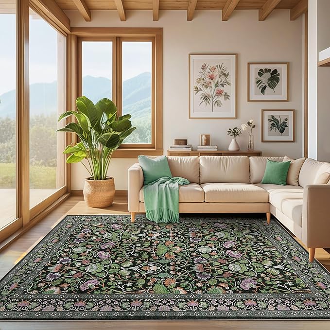 8x10 Area Rug Living Room Rugs - Washable Boho Vintage Floral Large Soft Non Slip Thin Rug Low Pile Carpet for Bedroom Dining Room Kids Playroom Office Decor Indoor- Green Dark