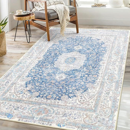Blue Rug 3x5,Washable Area Rugs for Bedroom Living Room Kitchen Entryway,Small Boho Vintage Bohemian Distressed Non Slip Carpet,Floral