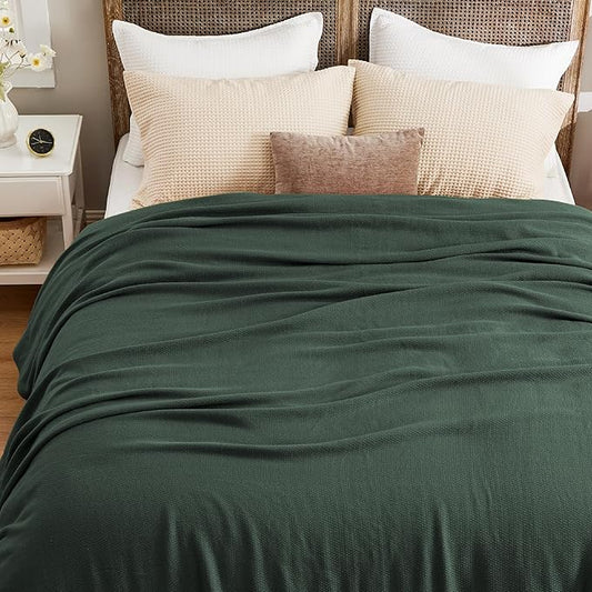 Bedsure 100% Cotton Large Blanket Oversized King for Bed 120x94 inches - Breathable Soft Cozy Herringbone Woven Blanket for Summer, Couch Cover, Dark Green