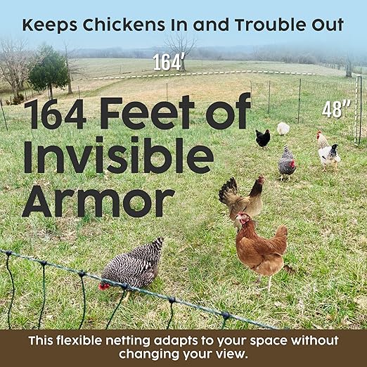 Electric Poultry Netting – Premium, Portable & Weatherproof 48" x 164' Net with Stakes, Easy-Setup Predator Fence for Chickens, Farms & Gardens - Sleep Sound Knowing Your Coop is Safe