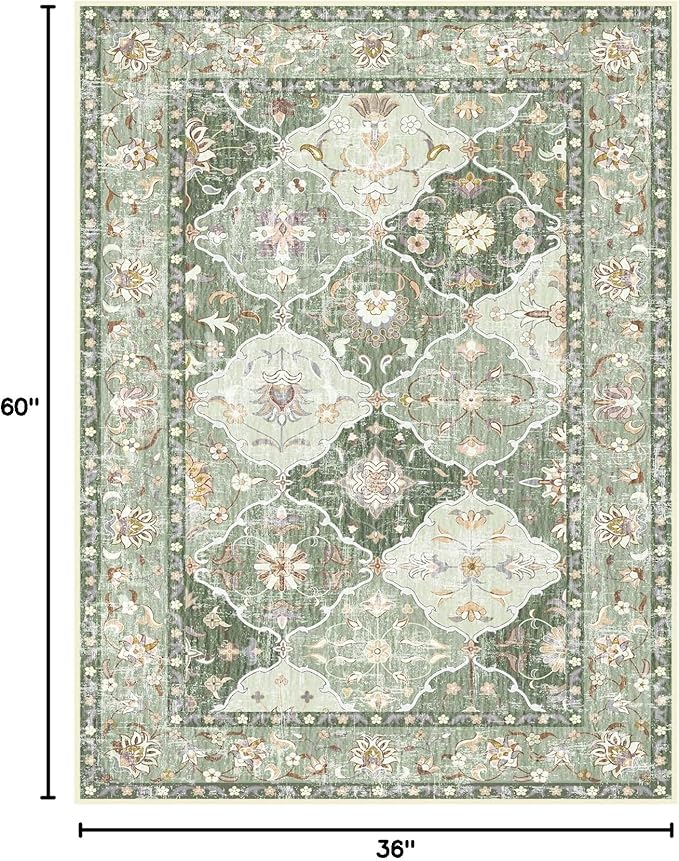 Boho Vintage Area Rugs 3×5 Washable Non-Slip Traditional Green Area Rug for Living Room Bedroom Dining Room and Kitchen