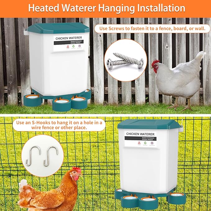Heated Chicken Waterer, Plastic Chicken Water Heater, Anti-Freeze Heated Poultry Drinker with 4 Cups, Winter and Summer Dual-use, Poultry Water Heater for Chickens, Ducks, Geese - Green 7L