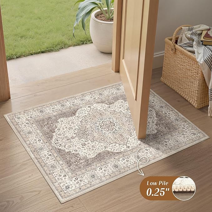 2x3 Washable Entryway Rug: Non-Slip Soft Indoor Throw Small Vintage Floral Area Rug for Kitchen Bedroom, Low Pile Durable Carpet for Front Door Porch Floor Doormat Home Decor (Brown/Beige)