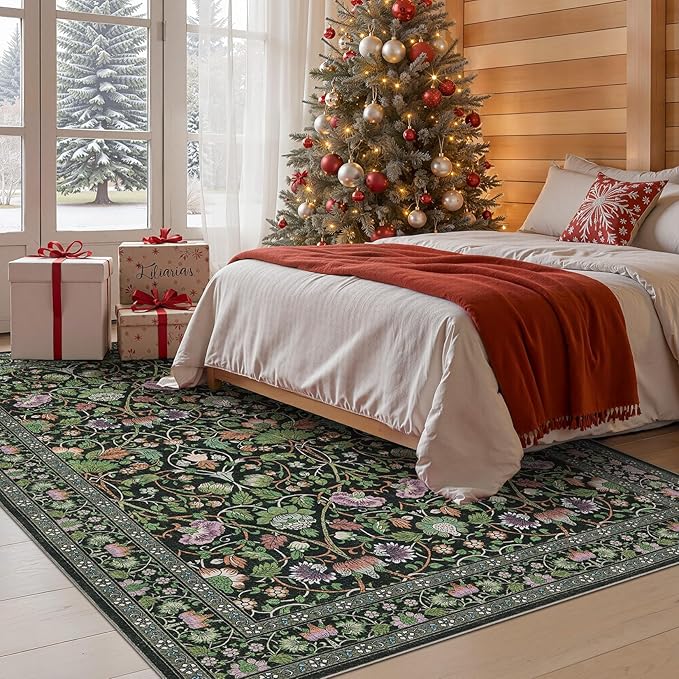 6x9 Area Rug Living Room Rugs - Washable Boho Vintage Floral Large Soft Non Slip Thin Rug Low Pile Carpet for Bedroom Dining Room Kids Playroom Office Decor Indoor- Green Dark