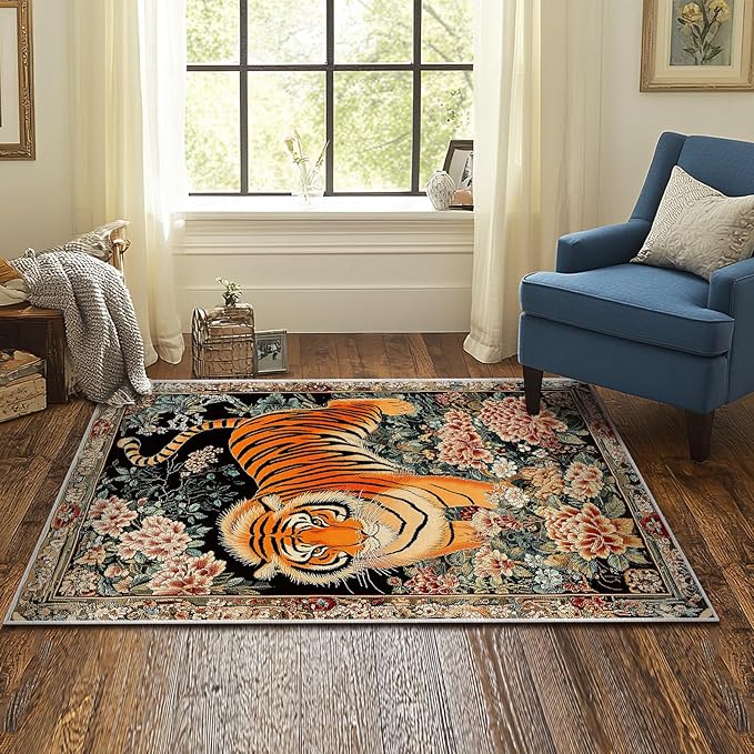 3x5 Tiger Rugs Boho Floral Flower Tiger Rug for Bathroom Kitchen Entryway Indoor Soft Non-Slip Thin Hippie Carpet Small Doormat for Office Dining Room Under Table Washable Machine