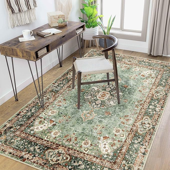 Green Rug 4'x6.5',Washable Area Rugs for Bedroom Living Room Kitchen Entryway,Small Boho Vintage Bohemian Distressed Oriental Non Slip Carpet