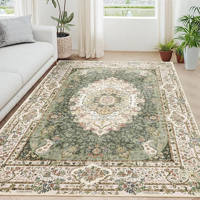 5x7 Area Rugs Washable,Green Rug for Living Room Bedroom Kitchen,Large Boho Vintage Bohemian Distressed Carpet Non Slip,Floral