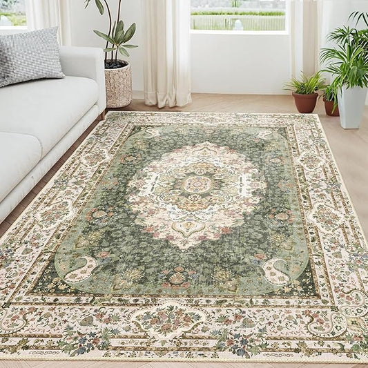5x7 Area Rugs Washable,Green Rug for Living Room Bedroom Kitchen,Large Boho Vintage Bohemian Distressed Carpet Non Slip,Floral
