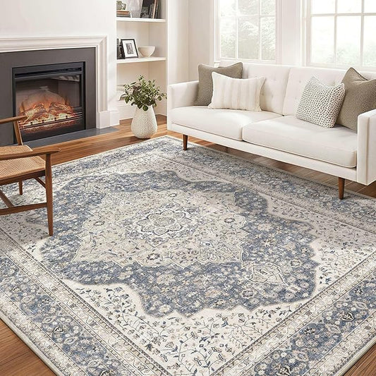 Washable Rug for Living Room - 7x9 Non-Slip Soft Vintage Floral Area Rug for Family Kids & Pet, Stain Resistant Carpet for High Traffic Bedroom Dining Room Teen Dorm Home Decor Aesthetic (Blue/Beige)