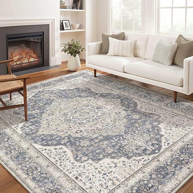 Washable Rug for Living Room - 10x12 Non-Slip Soft Vintage Floral Area Rug for Family Kids & Pet, Stain Resistant Carpet for High Traffic Bedroom Dining Room Teen Dorm Home Decor Aesthetic (Blue)