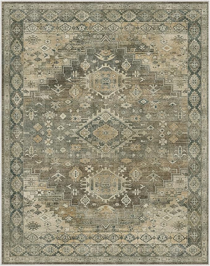 GENIMO Machine Washable 8x10 Area Rugs for Living Room, Non Slip Vintage Rugs, Low Pile Lightweight Chenille Print Rug for Bedroom, Dining Room, Home Office,Green Khaki