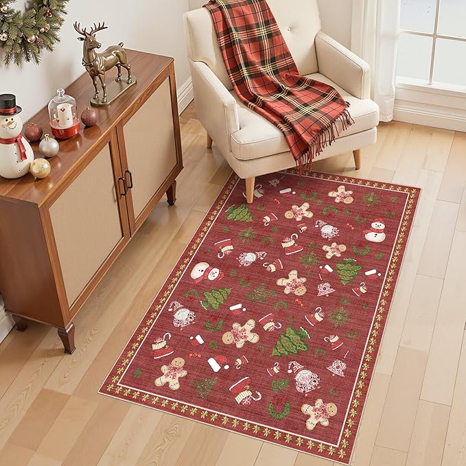 Washable Christmas Area Rug: 3x5 Neutral Modern Festive Carpet - Non-Slip Soft Thin Low Pile Throw Indoor Rugs for Bedroom Kitchen Entrance Living Room - Red
