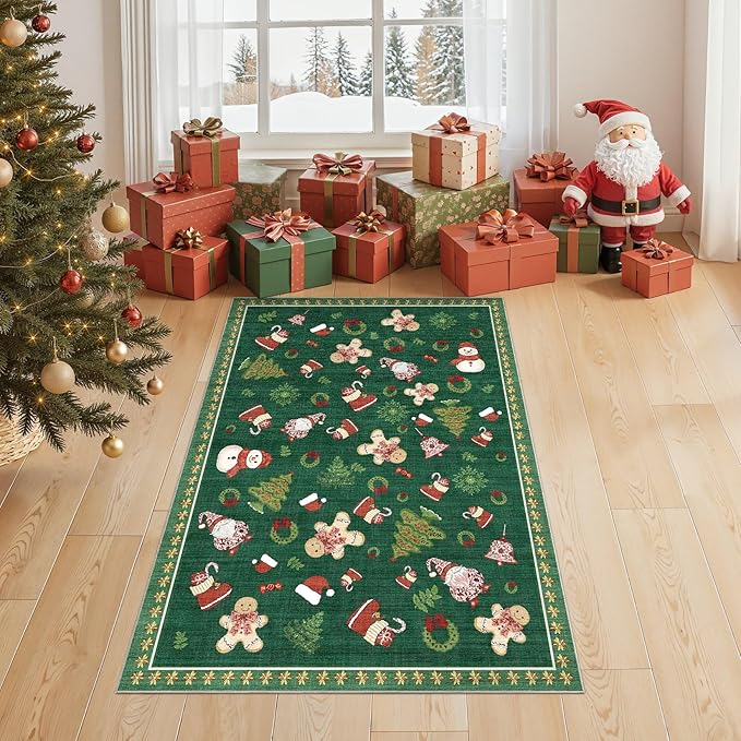 Washable Christmas Area Rug: 3x5 Neutral Modern Festive Carpet - Non-Slip Soft Thin Low Pile Throw Indoor Rugs for Bedroom Kitchen Entrance Living Room - Christmas Green