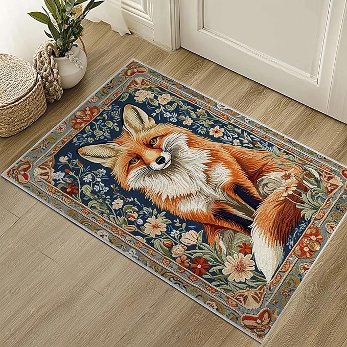 2x3 Fox Area Rugs Boho Floral Flower Rug for Bathroom Kitchen Entryway Indoor Soft Non-Slip Thin Hippie Carpet Small Doormat for Office Dining Room Under Table Washable Machine