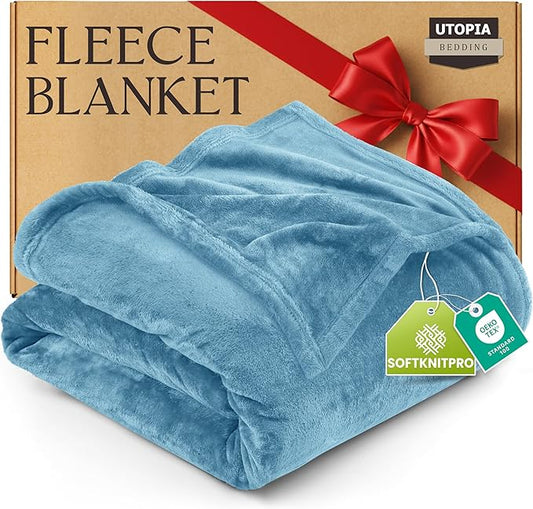 Utopia Bedding Fleece Blanket Queen Size Washed Blue 300GSM Luxury Fuzzy Soft Anti-Static Microfiber Bed Blanket (90x90 Inch)