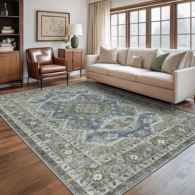 Rugland 6x9 Rug - Stain Resistant Washable Rug, Anti Slip Backing Rugs for Living Room, Vintage Tribal Area Rugs (TPR07-Blue/Green, 6'x9')