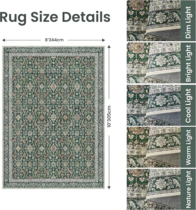 Rugland 8x10 Area Rugs - Stain Resistant Washable Rug, Anti Slip Rugs for Living Room, Vintage Tribal Area Rugs(Vintage01-Green, 8'x10')