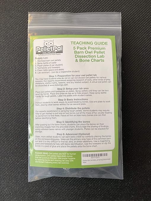 Premium Barn Owl Pellets, Small: 1.25"-1.5" (Pack of 5) - Free Bone ID Chart, 5 Forceps, 5 Paddle Picks, and Teaching Guide Included!