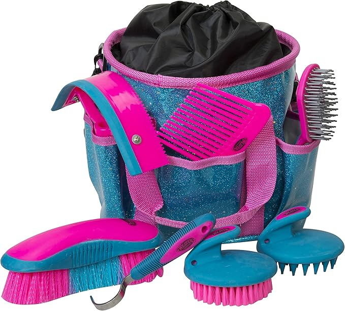 Weaver Leather Horse Grooming Kit, 7-piece Brush Set with Organizer Tote Bag, Equine Care, Horse Track Room Equipment, Grooming Supplies, Blue Glitter