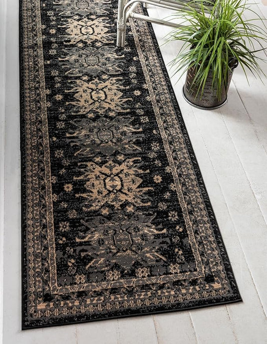 Unique Loom Taftan Collection Border Geometric Tribal Inspired Design Area Rug (2' 11 x 16' 5 Runner, Black/ Gray)