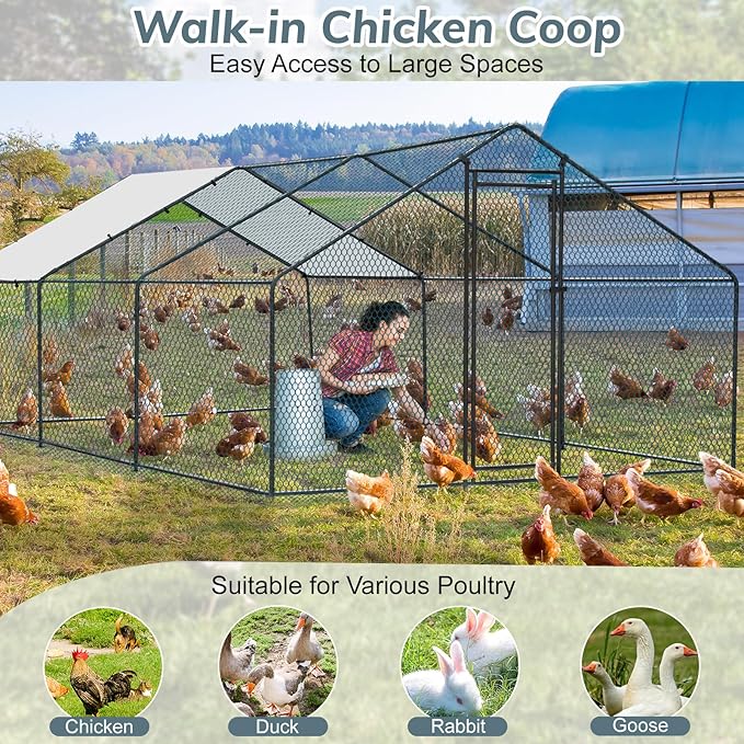 VINGLI Chicken Coop, Large Metal Poultry Cage for Chicken Run, Walk-in Chicken Pen with Waterproof & Anti-UV Cover Outdoor (Black-Spire Roof, 19.7 * 9.8 * 6.5 ft)