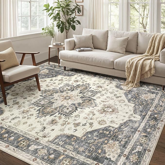 Area Rug for Living Room - 10x12 Soft Washable Oriental Vintage Floral Distressed Large Carpet - Fade Stain Resistant Non Slip Rugs for Bedroom Dining Room Nursery Dorm Office Home Decor - Beige Blue