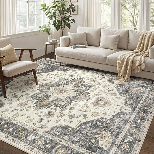 Area Rug for Living Room - 10x12 Soft Washable Oriental Vintage Floral Distressed Large Carpet - Fade Stain Resistant Non Slip Rugs for Bedroom Dining Room Nursery Dorm Office Home Decor - Beige Blue