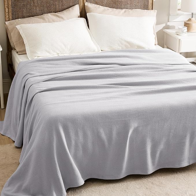 Bedsure GentleSoft 100% Cotton Blanket King Size for Bed - Breathable and Lightweight, Soft Cozy Textured Herringbone Woven Blanket for Summer, Grey, 108x90 inches