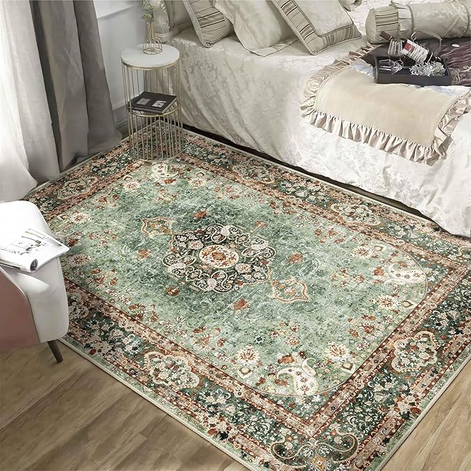 Green Rug 4'x6.5',Washable Area Rugs for Bedroom Living Room Kitchen Entryway,Small Boho Vintage Bohemian Distressed Oriental Non Slip Carpet