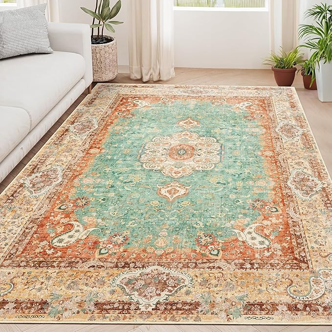 5x7 Area Rugs Washable,Boho Rug for Living Room Bedroom Kitchen,Large Vintage Bohemian Distressed Farmhouse Carpet Non Slip,Retro Orange Green Floral