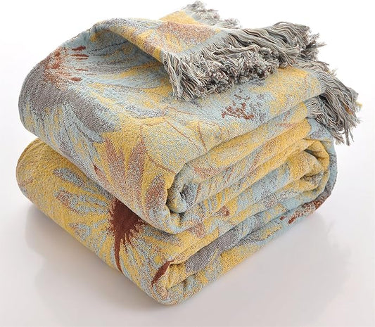 Boho Cotton Throw Blankets for Bed Couch, 100% Soft Cozy Cotton Blanket Rustic Quilt 60"x80", Reversible Muslin Farmhouse Blankets for Armchair,Picnic,Sofa,Couch