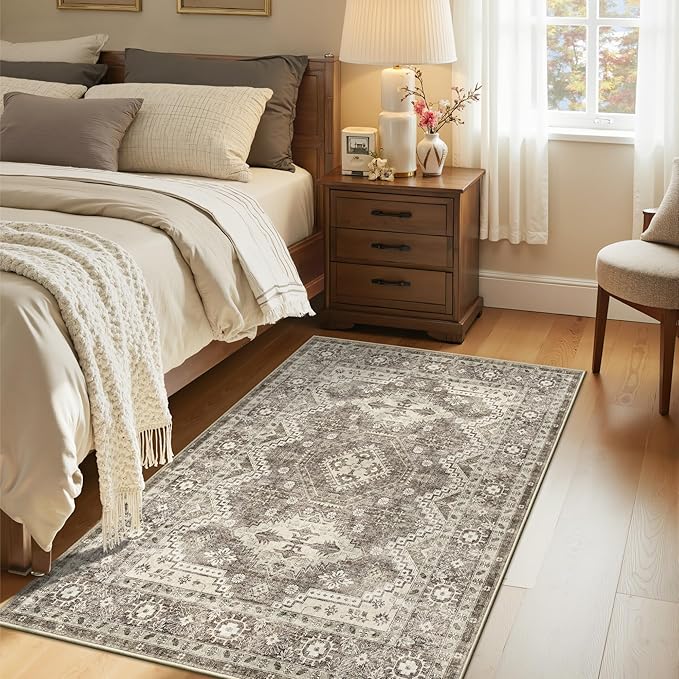 Rugland 3x5 Rug - Stain Resistant Washable Rug, Anti Slip Backing Rugs for Living Room, Vintage Tribal Area Rugs (TPR07-Ivory, 3'x5')