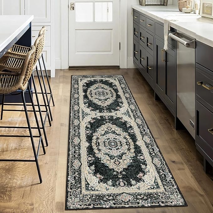 Washable Runner Rug 2x6,Black Rug Runners Non Slip,Long Boho Rugs for Hallways Kitchen Bedroom Entryway Living Room Bathroom,Vintage Bohemian Distressed Floor Carpet,Floral