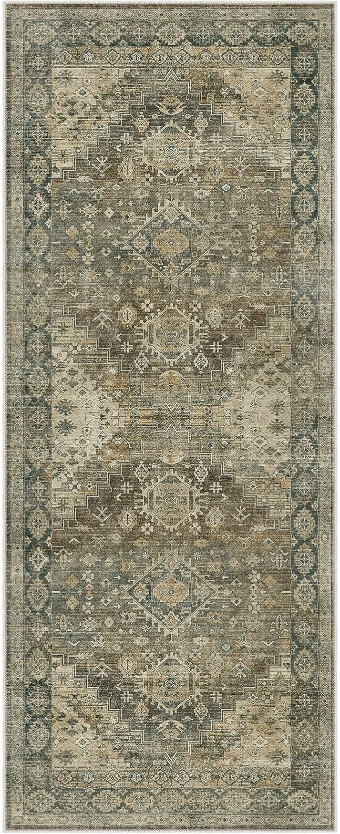 GENIMO 2x5 Washable Runner Rug for Hallway, Vintage Non Slip Low Pile Carpet, Soft Lightweight Printed Rug for Entryway, Kitchen, Corridor & Home Office, Green Khaki
