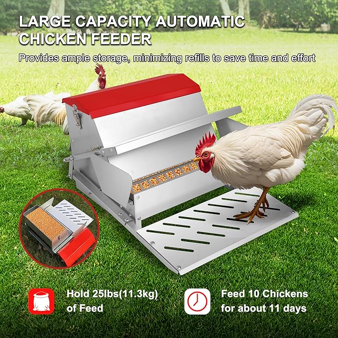 Large Automatic Chicken Feeder-25lb Metal Treadle Chicken Feeder No Waste, Rat Proof Poultry Feeder with Sturdy Galvanized Steel Build & Weatherproof Locking Lid for Duck, Fowl, Pheasants Outdoor Use