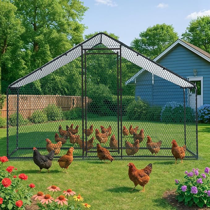 VINGLI Chicken Coop, Large Metal Poultry Cage for Chicken Run, Walk-in Chicken Pen with Waterproof & Anti-UV Cover Outdoor (Black-Spire Roof, 6.5 * 9.8 * 6.5 ft)