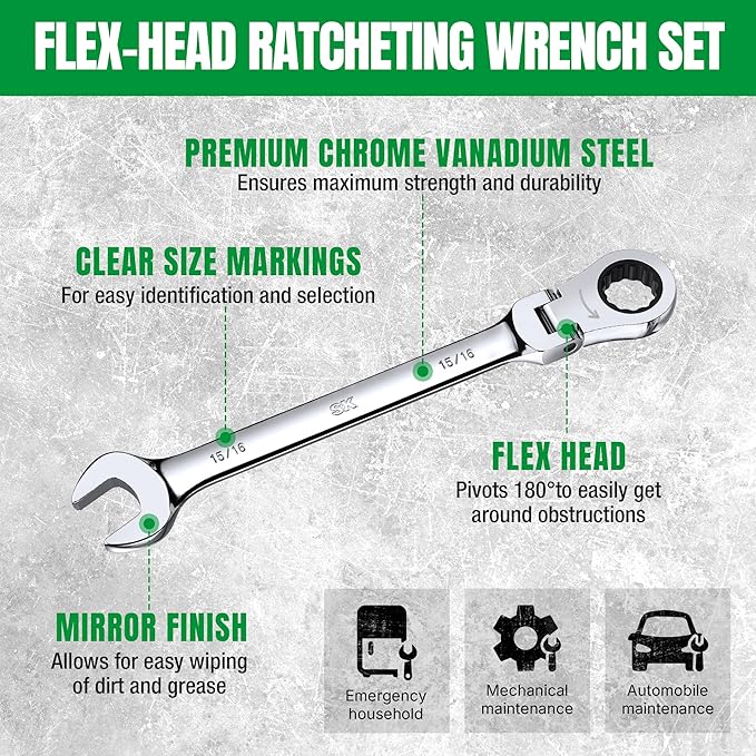 SK Flex-Head Ratcheting Wrench Set, Combination Wrench Set, 25-Piece, SAE 1/4" to 1", Metric 8 to 19mm, 72-Tooth, Premium CR-V Construction, with Rack Organizer