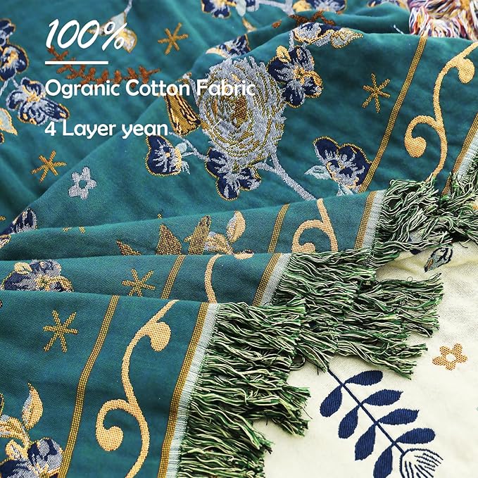 Boho 100% Cotton Large Throw Blanket - All Season Rustic Ultra Soft Breathable Floral Bird Blanket for Bed Sofa Couch Chair Bedspread Quilt Gift, 80" x 90"-Teal/Beige