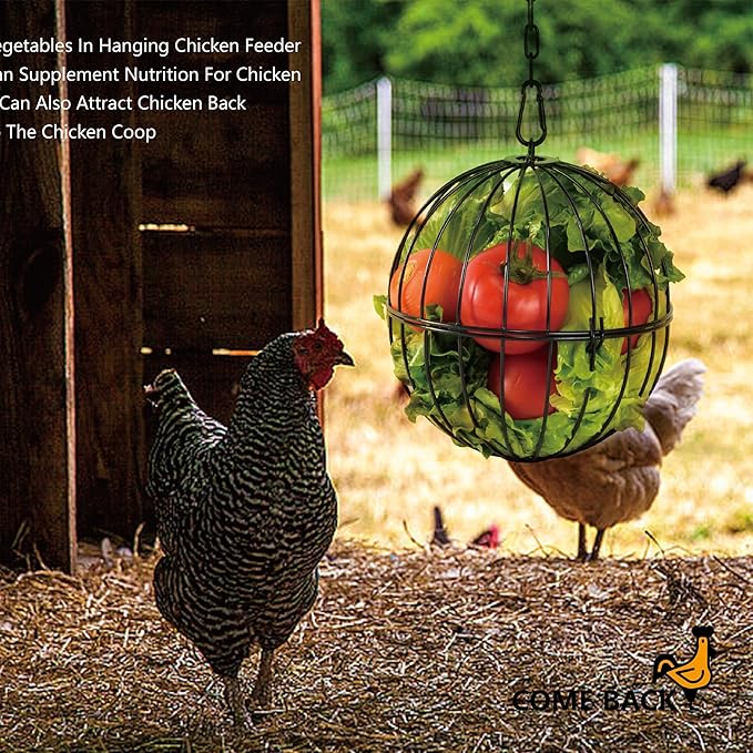 Hanging Chicken Feeder, 7.1 Inch Large Iron Chicken Vegetable Treat Ball, Veggie Hanging Foraging Ball with 20 Inch Hanging Chain for Hens Coop Poultry