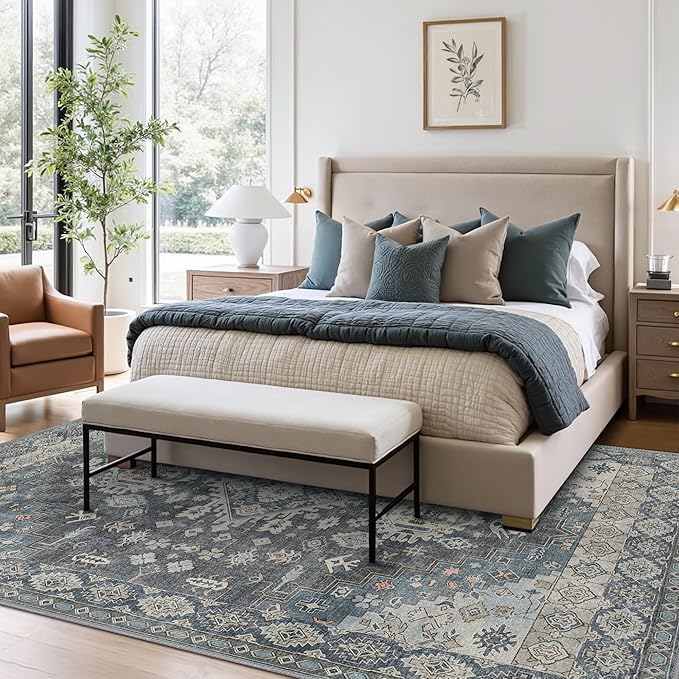 GENIMO Machine Washable 5x7 Area Rugs for Living Room, Non Slip Vintage Rugs, Low Pile Lightweight Chenille Print Rug for Bedroom, Dining Room, Home Office, Slate Gray Blue
