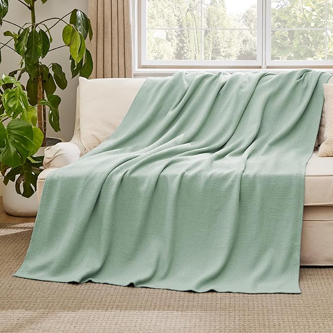 Bedsure GentleSoft 100% Cotton Blanket Twin XL Size for Bed - Breathable and Lightweight, Soft Cozy Textured Herringbone Woven Summer Blanket for College Dorm, Sage Green, 66x90 inches