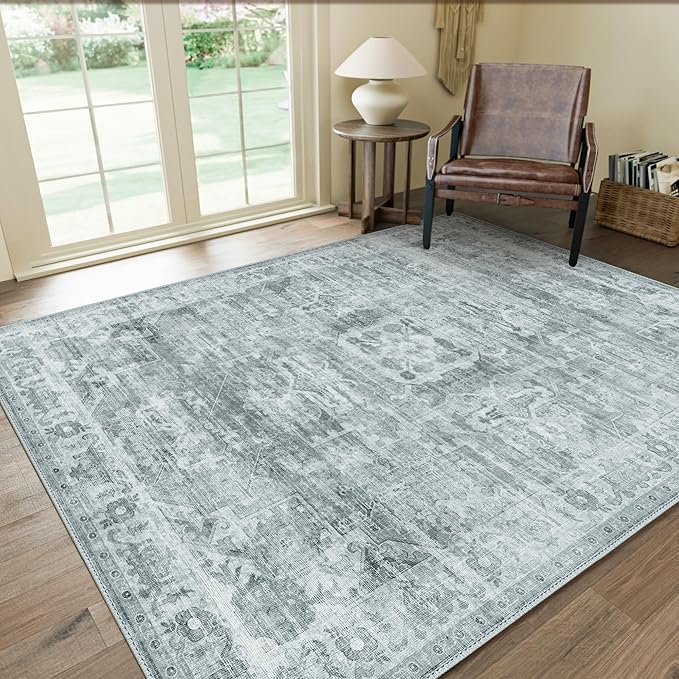 GENIMO Machine Washable 8x10 Area Rugs for Living Room, Non Slip Vintage Rugs, Low Pile Lightweight Chenille Print Rug for Bedroom, Dining Room, Home Office, Blue Gray