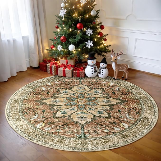 Area Rugs 5ft Washable Non-Slip, Floral Vintage Distress Print Pattern Medallion Carpet for Living Room Bedroom Dining Room, Brick Red Rust Neutral Brown Burnt Orange