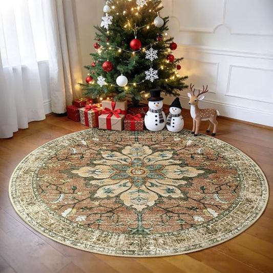 Area Rugs 5ft Washable Non-Slip, Floral Vintage Distress Print Pattern Medallion Carpet for Living Room Bedroom Dining Room, Brick Red Rust Neutral Brown Burnt Orange