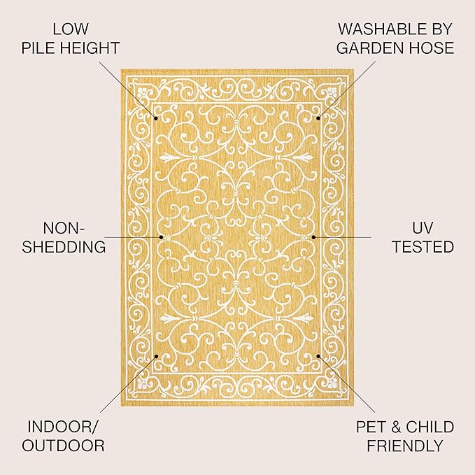 JONATHAN Y Vintage Filigree Indoor Outdoor Area Rug 9X12 Yellow/Cream, Charleston Textured Weave for Backyard, Patio, Porch, Easy-Cleaning, High Traffic, Pet-Friendly, Non-Shedding (SMB106L-9)