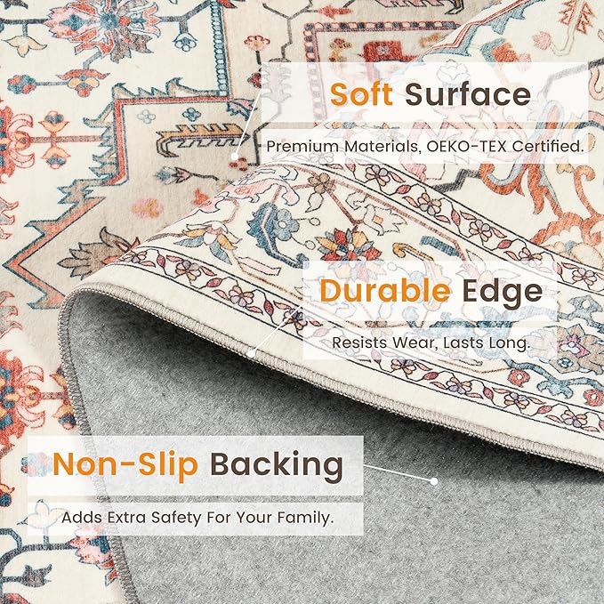 Rugland 6x9 Area Rugs - Stain Resistant Washable Rug, Anti Slip Rugs for Living Room, Vintage Tribal Area Rugs(Medallion 01-Multi, 6'x9')