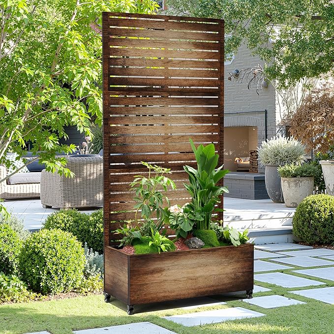 15.7"×70.9"×35.4" Metal Raised Garden Bed with Trellis and Wheels - Tall Trellis Planter Box for Climbing Plants, Vegetables & Vines - Outdoor Privacy Planters for Patio (Vintage Wood Grain)