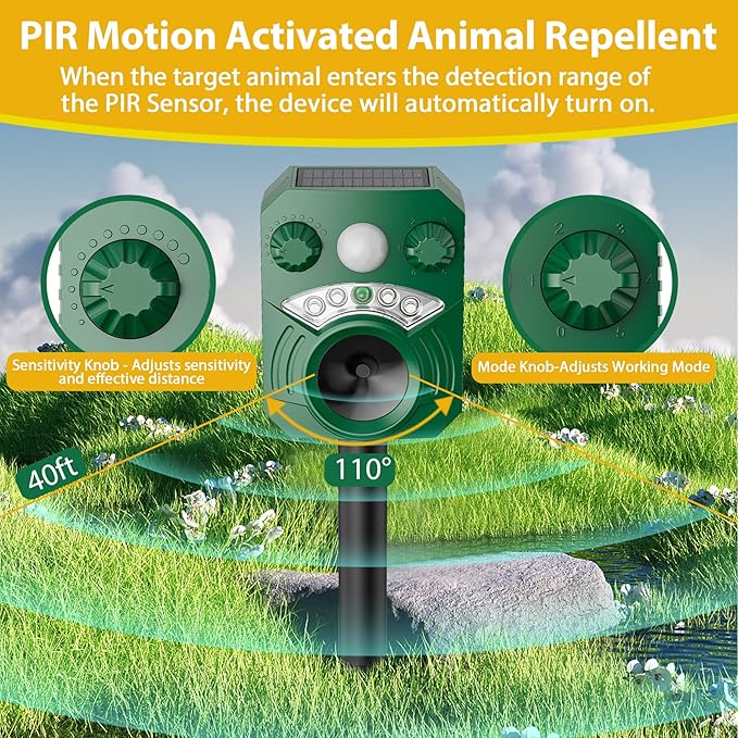 2 Pack Solar Ultrasonic Animal Repellent, Deer Repellent Devices with Motion Sensor, Waterproof Cat Repellent Outdoor with Flashing Lights to Scare Deer, Cats, Squirrels, Raccoons Away from Yard Lawn