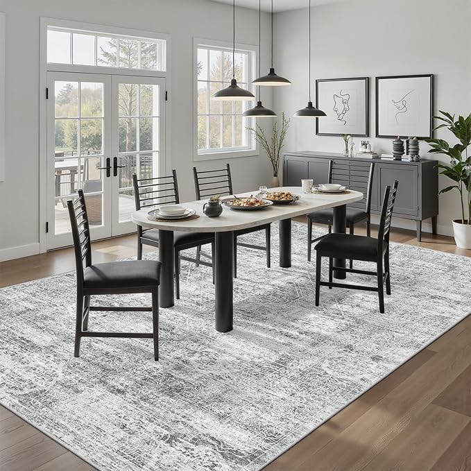 Madane 5x7 Area Rugs for Living Room, Washable Vintage Grey Rug with Non-Slip Backing, Soft Floral Print Throw Rugs Floor Low Pile Carpet for Bedroom Dining Room